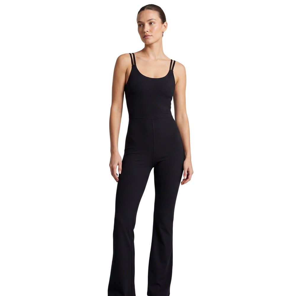WILO The Label Jumpsuit Black Ribbed Double Strap Flare Leg Womens Medium $110